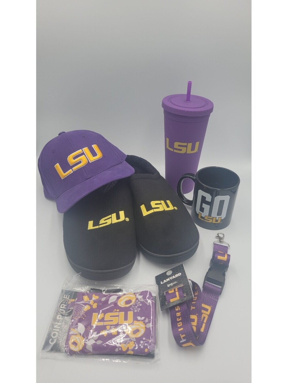 LSU Bundle hat, cup, bottle, lanyard,  slippers, coun purse all NWT
